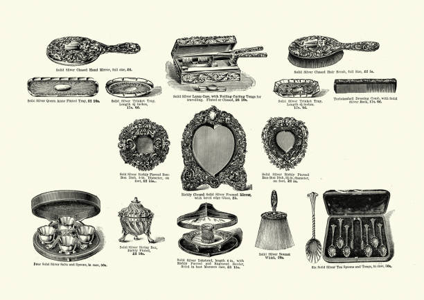 Vintage engraving of Examples of late Victorian silverware, Hair brush, Mirror, Comb