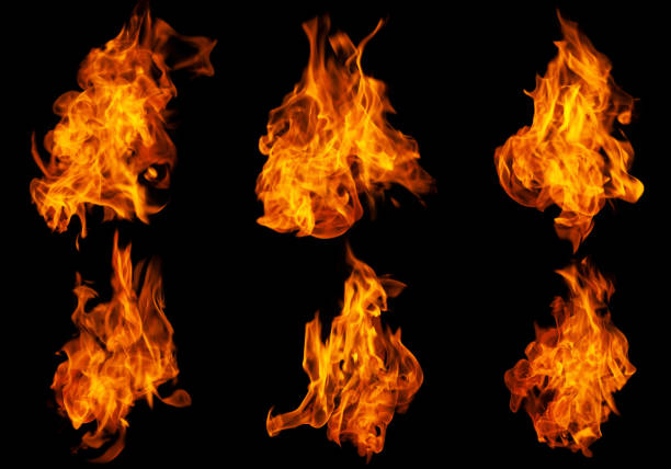 Fire collection set of flame burning isolated on dark background for graphic design