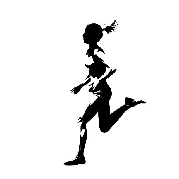 ランニングウーマン、抽象的な孤立したベクトルシルエット。インク描画、サイドビュー - slim women silhouette exercising点のイラスト素材／クリップアート素材／マンガ素材／アイコン素材