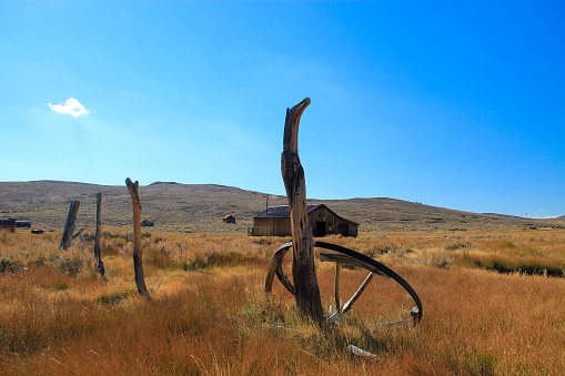 Old wooden wheel lying lonely in the dry grass near the abandoned, ghost town, gold mining town Bodie in California. USA