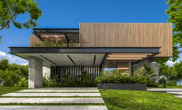 istock 3d rendering of modern house with wood plank facade 1210768019