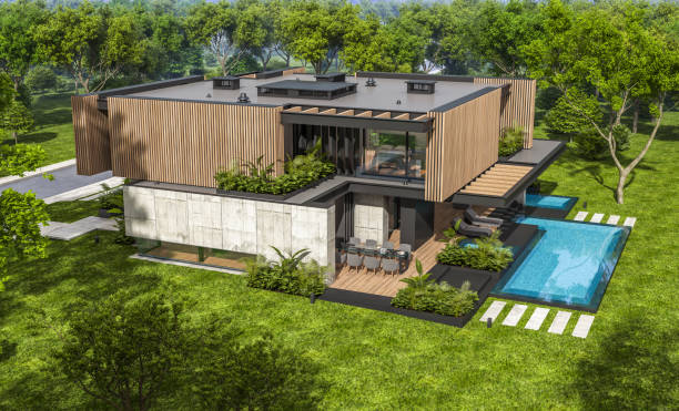 istock 3d rendering of modern house with wood plank facade 1210768039