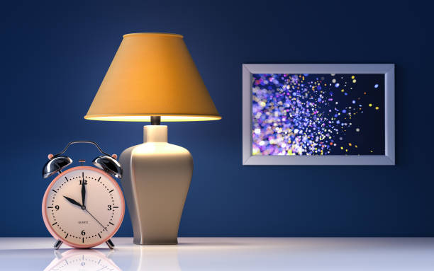 Yellow lamp and alarm clock on blue background - interior - 3d rendering