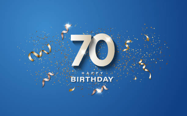 70th birthday with white numbers on a blue background. 70th birthday with white numbers on a blue background. Happy birthday banner concept event decoration. Illustration stock 70th stock pictures, royalty-free photos & images