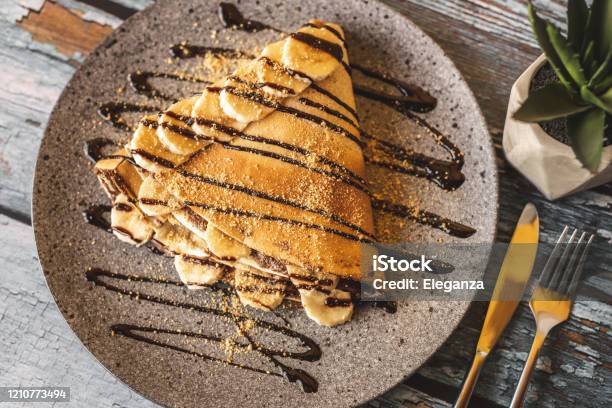Chocolate Pancake With Bananas Stock Photo - Download Image Now - Crêpe - Pancake, Pancake, Chocolate