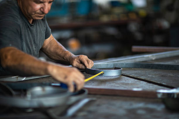 istock Manual worker using tape measure at metal factory 1210773802