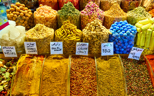 Various oriental seasoning of different colors at Dubai Spice Market, UAE