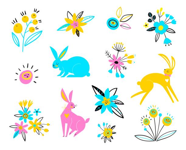 흰색 배경에 벡터 토끼입니다. 부활절 디자인에 대 한 여러 가지 빛깔의 토끼입니다. 귀여운 ostern 토끼 벡터 일러스트 레이션입니다. 부활절 만화 토끼입니다. - ostern stock illustrations