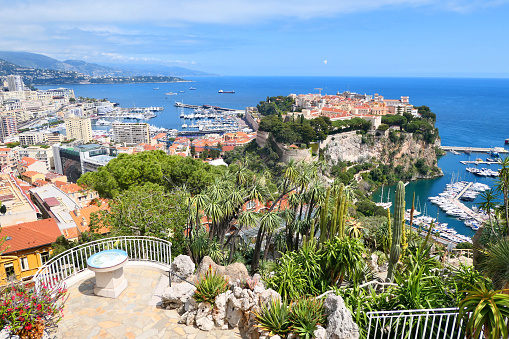 Cityscape of Principality of Monaco from exotic garden.