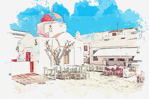 ilustraciones, imágenes clip art, dibujos animados e iconos de stock de dibujo de acuarela de los lugares de interés de la isla de mykonos de grecia. - greece greek islands town village