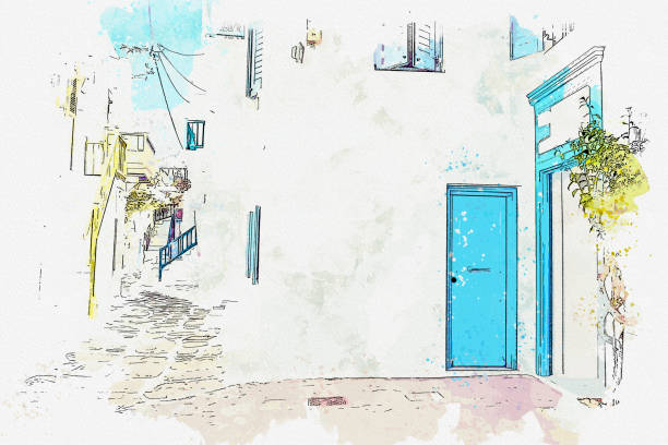 ilustraciones, imágenes clip art, dibujos animados e iconos de stock de dibujo de acuarela de los lugares de interés de la isla de mykonos de grecia. - greece greek islands town village