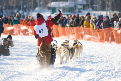A musher heads out of Willow towards Nome, Alaska in the 2007 Iditarod