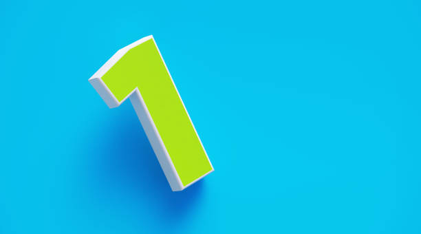 Green and white colored number one sitting over blue background. Horizontal composition with copy space.