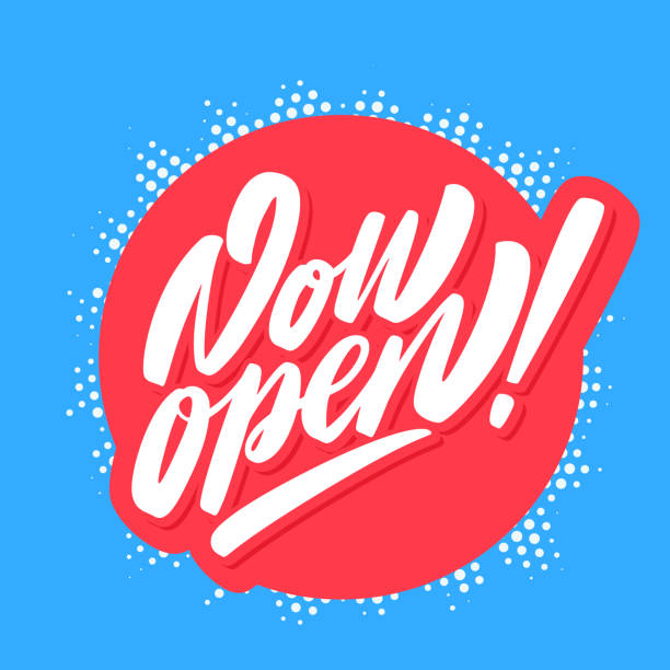 ilustrações de stock, clip art, desenhos animados e ícones de now open sign. vector lettering. - open sign