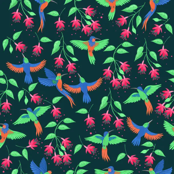 Vector illustration of Seamless pattern with hummingbirds and flowers. Vector graphics