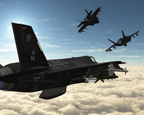 Three fighters in formation above the clouds - 3d rendering