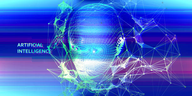 istock Technology glitch color background  with grid head on blue.  AI. Futuristic artificial intelligence presentation. Computer communication technology. 1210782817