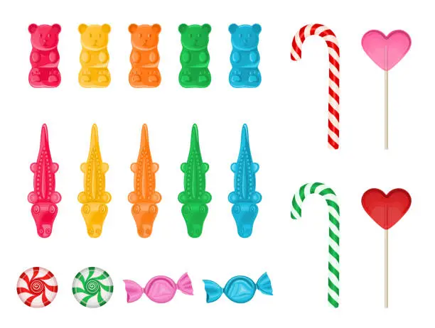 Vector illustration of set gummy candies, lollipos, candy canes, and peppermint candies