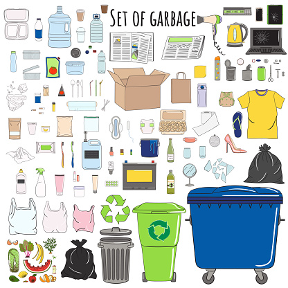 Garbage cans with rubbish. Recycle trash bins. Waste management. Sorting garbage. Organic, metal, plastic, paper, glass falls into bins. Hand drawn vector illustration.
