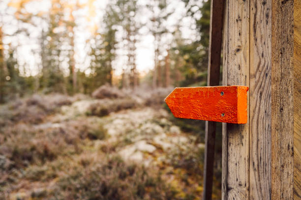 walking trail sign in the nature \nPhocus on the marking to show the road ahead