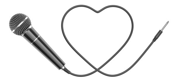 istock Black wired mic isolated on a white background. 3D rendering illustration of Microphone with wire in the shape of heart as a concept of love for music. 1210787154