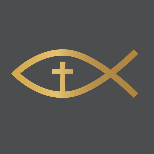 illustrazioni stock, clip art, cartoni animati e icone di tendenza di golden christian fish simbolo gesù - cross cross shape shiny gold