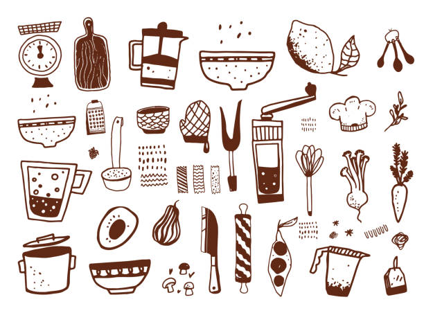 sprzęt kuchenny doodle ikony zestaw, ilustracja żywności, przybory kuchenne w ładny ręcznie rysowane styl z widelcem, łyżka, miska izolowane na białym tle - spoon vegetable fork plate stock illustrations