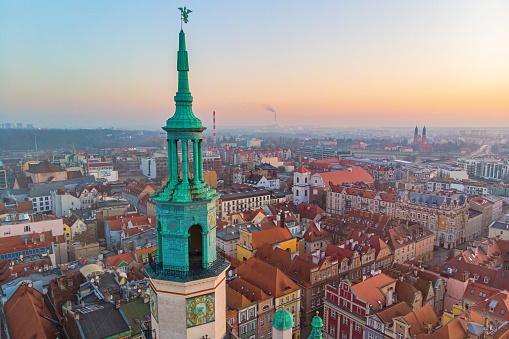 Sunrise over Old Market and Town Hall in Poznan, Poland