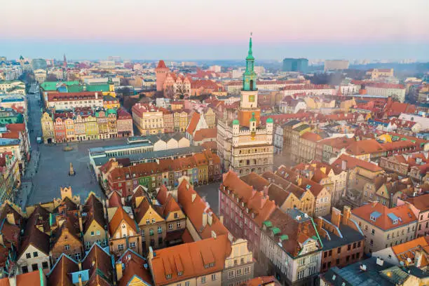 Sunrise over Old Market and Town Hall in Poznan, Poland