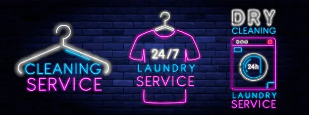 Vector illustration of Dry cleaning service neon banner