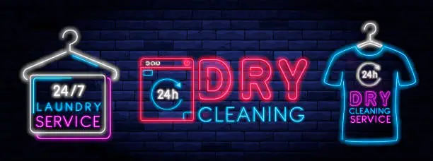 Vector illustration of Dry cleaning service neon banner