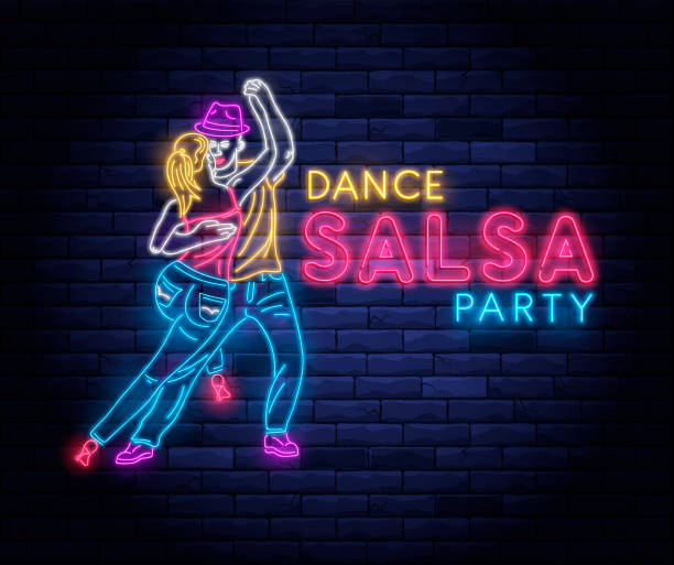 Salsa dance party colorful neon banner Salsa dance party neon banner with dancing couple. Brightly illuminated neon sign of latin dancers. Disco club neon lettering on brick wall background. Nightlife and entertainment signboard. female salsa dancer stock illustrations