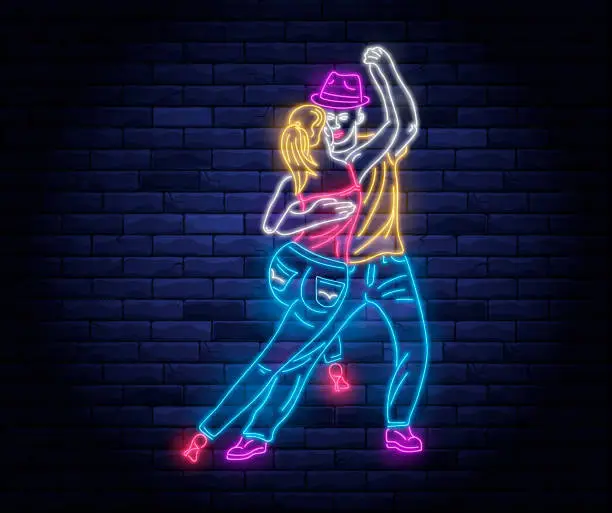 Vector illustration of Dance party neon banner with dancing couple