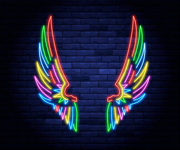 Colorful illuminated neon angel wings Colorful illuminated neon angel wings. Light electric banner glowing on background of bricks wall. animal wing stock illustrations
