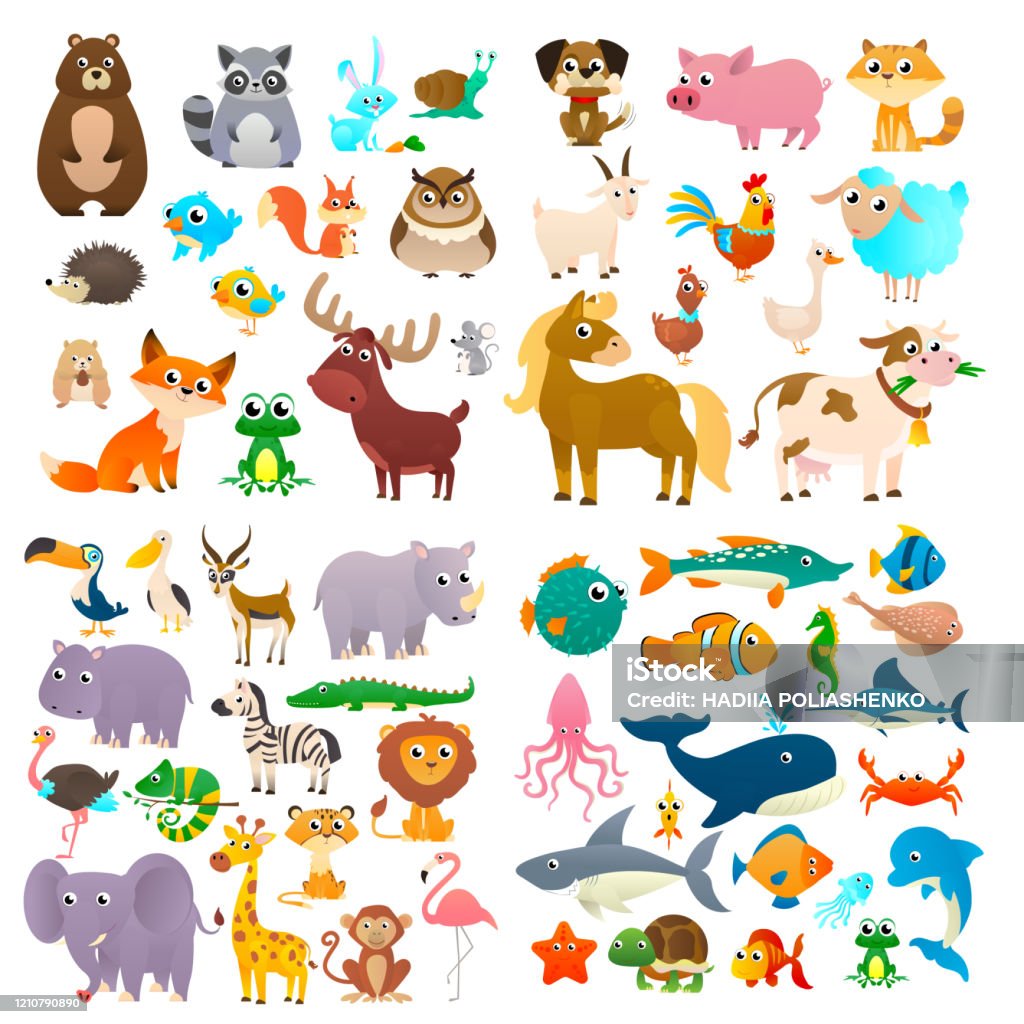 Cartoon Animals Big Collection Sea Animals Wild Animals Woodland Animals  Stock Illustration - Download Image Now - iStock