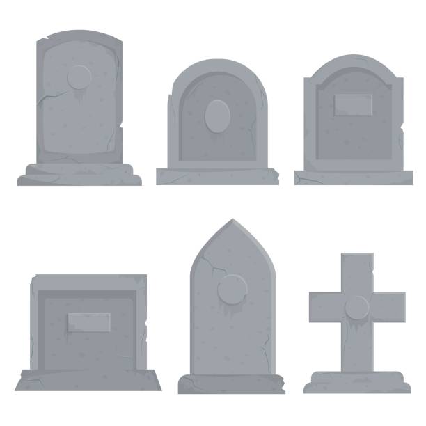 Collection of different various gravestones vector graphic illustration Collection of different various gravestones vector graphic illustration. Cartoon grey grave decoration set isolated on white background. Concept of funeral ceremony design tombstone stock illustrations