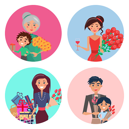 Happy Characters with Flowers in Colorful Circles