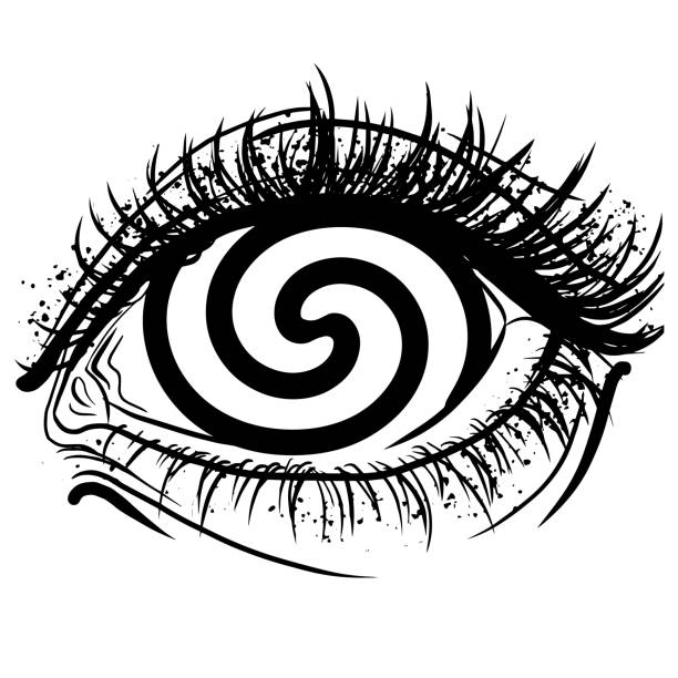 Realistic human eye with spiral hypnotic iris vector graphic illustration Realistic human eye with spiral hypnotic iris vector graphic illustration. Close-up black drawing hypnosis eyeball with lashes isolated on white background. Optical illusion concept magic eye pattern stock illustrations