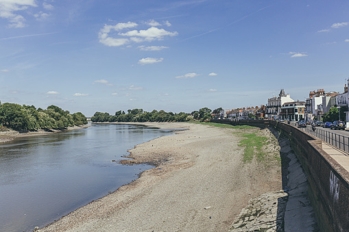 Barnes riverside. Thames riverbed drought due to the hot weather in the summer of 2018. Global warming is a major aspect of climate change and has been demonstrated by direct temperature measurements