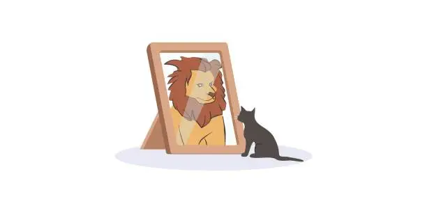 Vector illustration of Small black cat looking herself at mirror as huge fierce lion vector graphic illustration