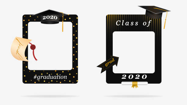 Two black graduation frame for party photo booth props vector graphic illustration Two black graduation frame for party photo booth props vector graphic illustration. Congratulation grad quote with cap for grads with empty place for photo isolated on white background selfie borders stock illustrations