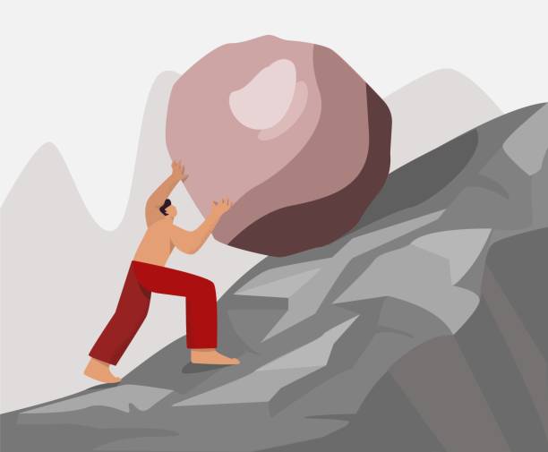 istock Barefoot strong guy climb up rock carry move to goal vector flat illustration 1210800610