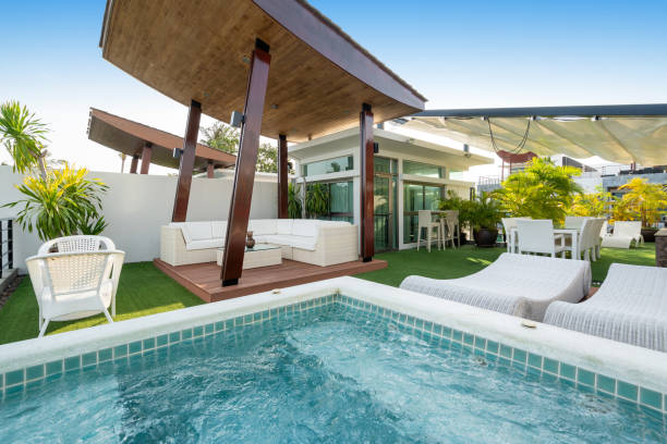 istock exterior rooftop balcony with swimming pool and pavilion 1210801785
