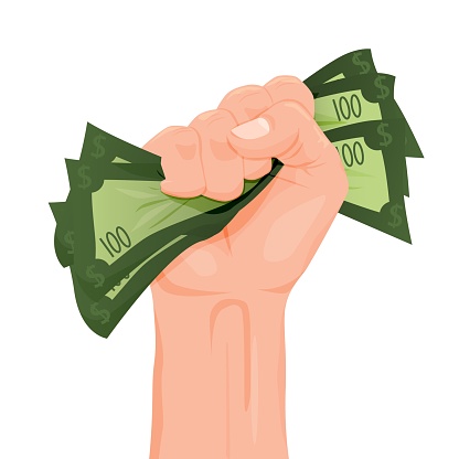 Cartoon human hand gripping banknote money tight vector graphic illustration. Person arm grabbing holding finance cash currency isolated on white background