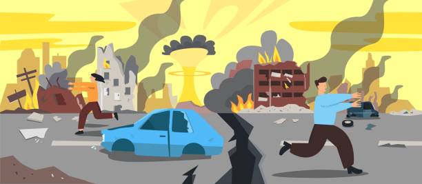 Doomsday city apocalyptic ruins cartoon vector illustration. Damage buildings and explosion Doomsday city apocalyptic ruins cartoon vector illustration. Colored people scary running at destruction zone. Urban destroyed panorama damage buildings and explosion on street war zone stock illustrations