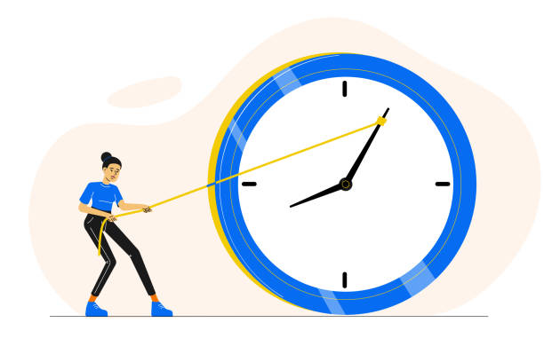 Deadline or time management concept. Sad or stressed woman or employee or office worker pushing minute hand of broken clock towards anti clockwise. Running out of time. Vector character illustration vector art illustration