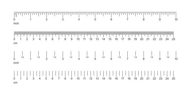 zestaw linijki — cal i metryka. narzędzia pomiarowe wektor. 10 cali. 25 cm - measuring stock illustrations