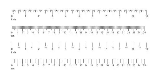 Vector illustration of Ruler Set - Inch and Metric. Measuring Tools Vector. 10 inches. 25 cm