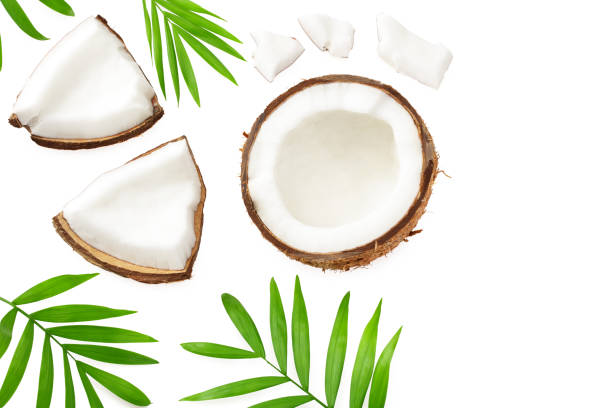 istock half coconut with green leaves isolated on white background. top view 1210809217