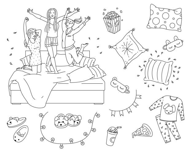 Sleepover slumber party element set in coloring book line art style Sleepover slumber party element set in coloring book line art style - cartoon girls jumping in bed, cozy pillows, pajamas, etc. Flat isolated colorless vector illustration pajamas illustrations stock illustrations